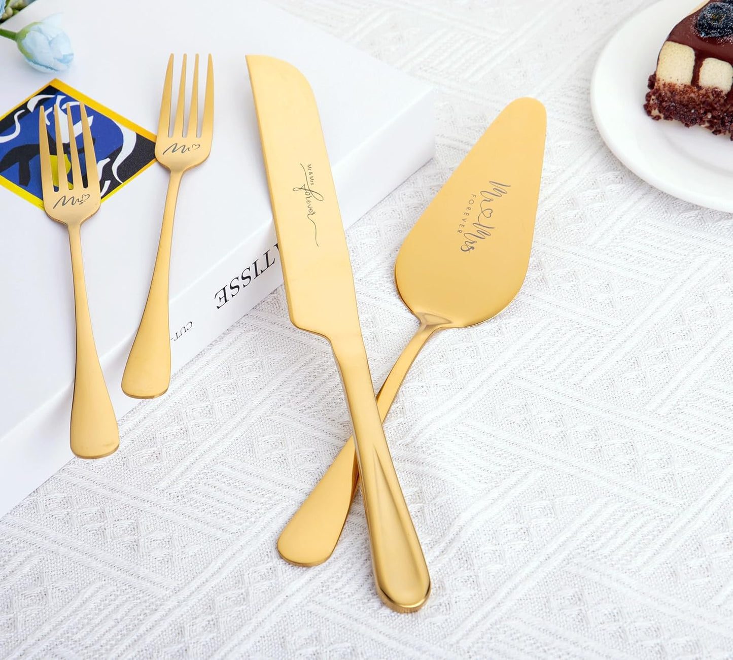 4 Pieces Wedding Cake Knife and Server Set, Stainless Steel Mr and Mrs Cake Cutter and Forks for Wedding, Birthday, Bridal Shower Gifts for Couples (Rose Gold)