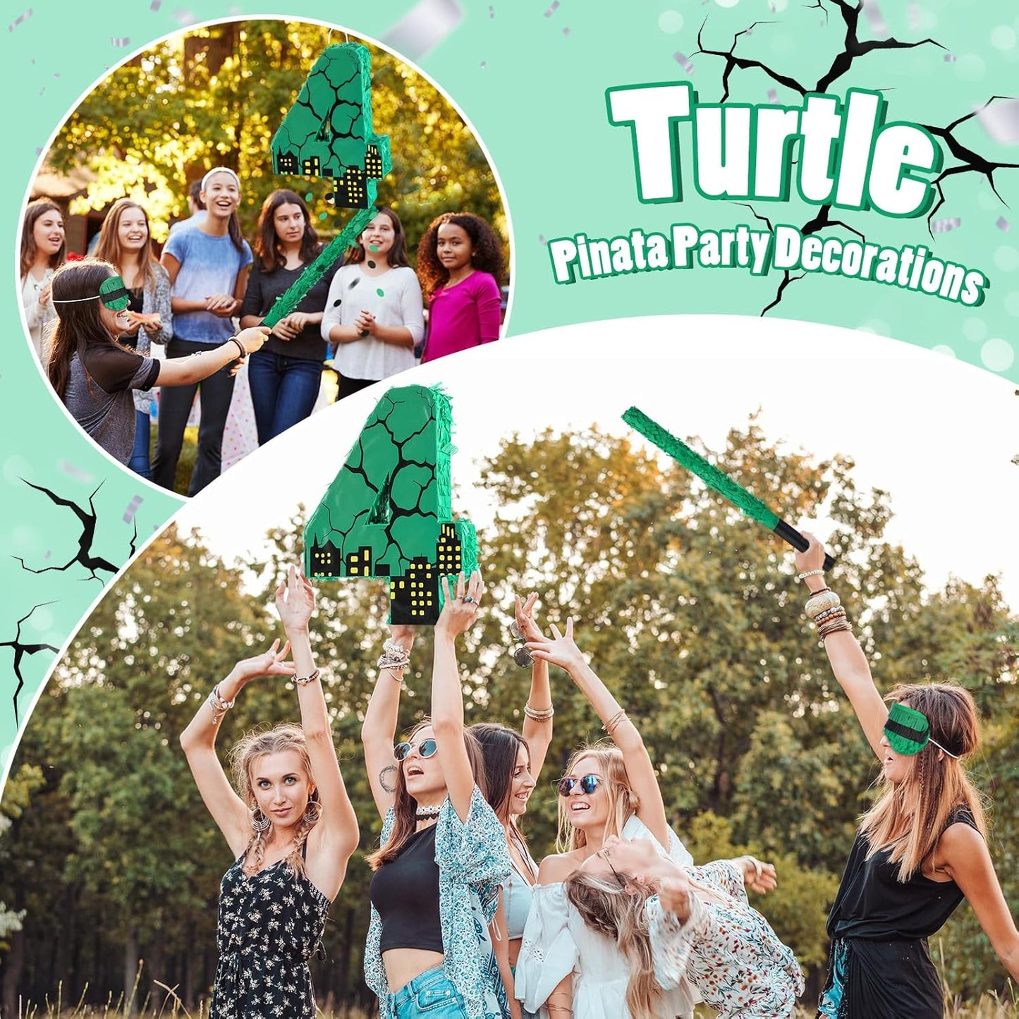 Poen Large Green Turtle Piñata Party Decoration Supplies Number 4 5 6 7 Piñata with Blindfold Stick and Confetti for Turtle Theme Birthday Party Baby Shower Photo Props Decoration(Number 7)