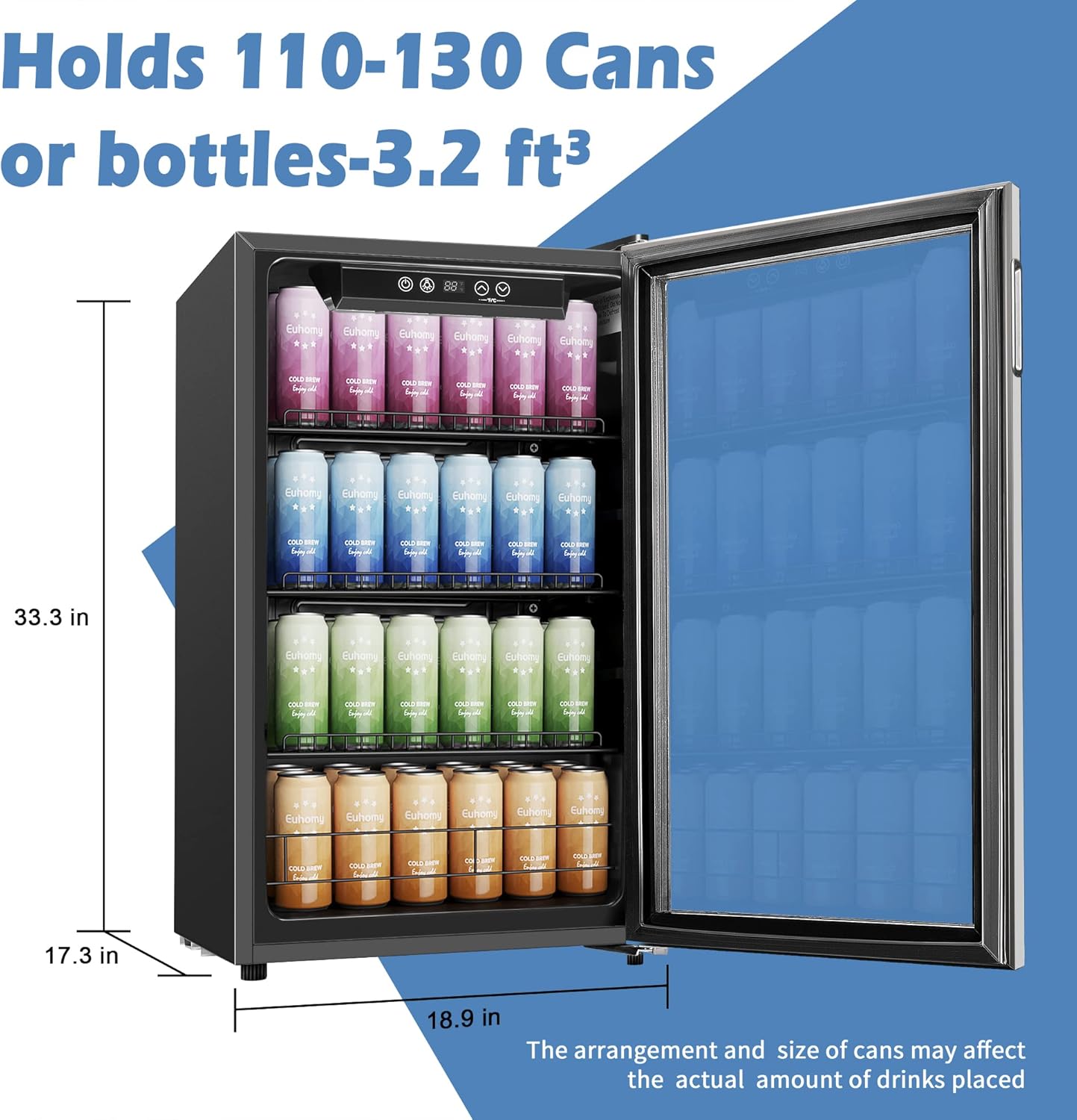EUHOMY 4.5 Cu.ft Beverage Refrigerator and Cooler, 145 Can Mini fridge with Glass Door for Soda Beer Wine, Small Drink Dispenser with Digital Adjustable Thermostat for Home Office Bar