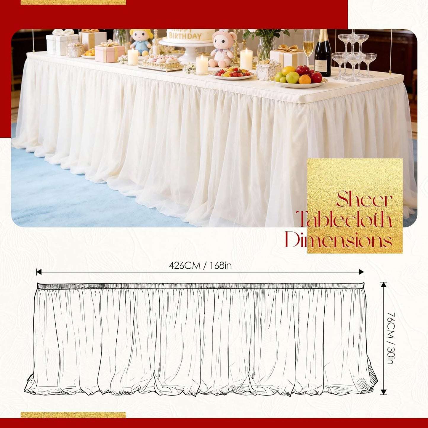 THARAHT Tulle Table Skirt 6FT 180CM Long for Rectangle Tables Round Tables Ruffle Desk Skirt for Princess Girls Birthday Party Cake Dessert Decorations Table Skirt