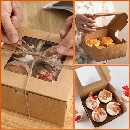 MUMULULU 8 PCS Brown Paper Cupcake Boxes with 4 Cavity Cookie Gift Boxes with Clear Window 4 Treat Holder Cupcake Containers Bakery Cake Box for Birthday Party Bakery Supplies