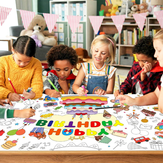 QISOLIY Happy Birthday Coloring Tablecloth for Kids Party, 31 x 71 in Giant Coloring Poster Table Cover, Disposable Large Paper Tablecloth for Birthday Party Games, School, and Classroom Activities