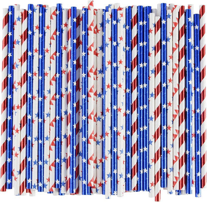 ALINK American Flag Red Blue White Paper Straws, 100 Straws for Memorial Day /4th of July, Super Bowl, Patriotic Party, Americana Themed Party Celebration