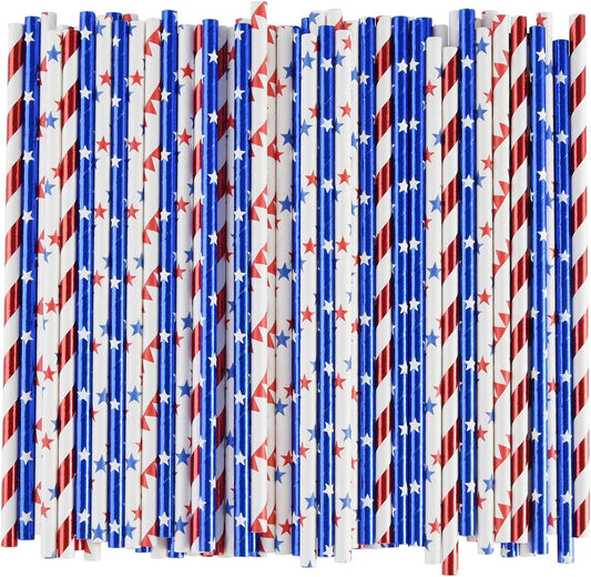 ALINK American Flag Red Blue White Paper Straws, 100 Straws for Memorial Day /4th of July, Super Bowl, Patriotic Party, Americana Themed Party Celebration