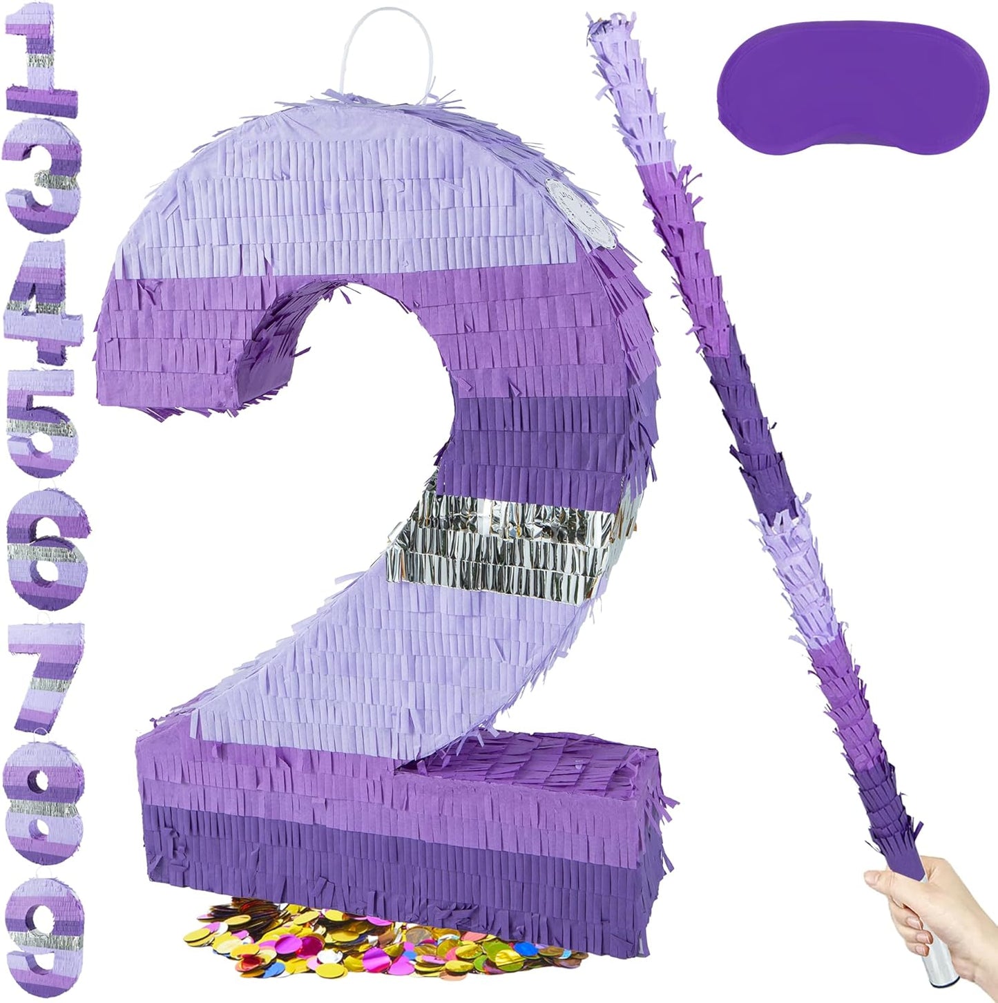 PCFING 20 Inch Number 1 Piñata Purple Silver with 30 Inch Piñata Stick Blindfold Confetti for Boy Girl Kids Birthday Party Decorations, Anniversary Celebration, Fiesta