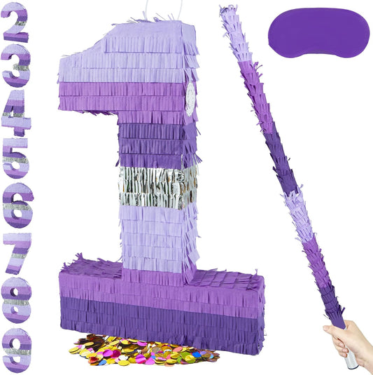 PCFING 20 Inch Number 1 Piñata Purple Silver with 30 Inch Piñata Stick Blindfold Confetti for Boy Girl Kids Birthday Party Decorations, Anniversary Celebration, Fiesta