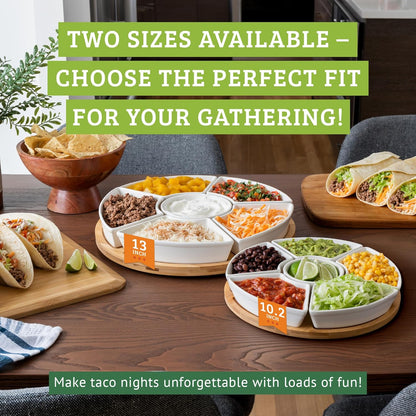 Ceramic Taco Serving Platter - Divided Serving Tray for Taco Tuesday Lazy Susan Taco Bar - Chip and Dip Serving Set for Party - Appetizer Serving Tray for Salsa, Snacks (10 in)