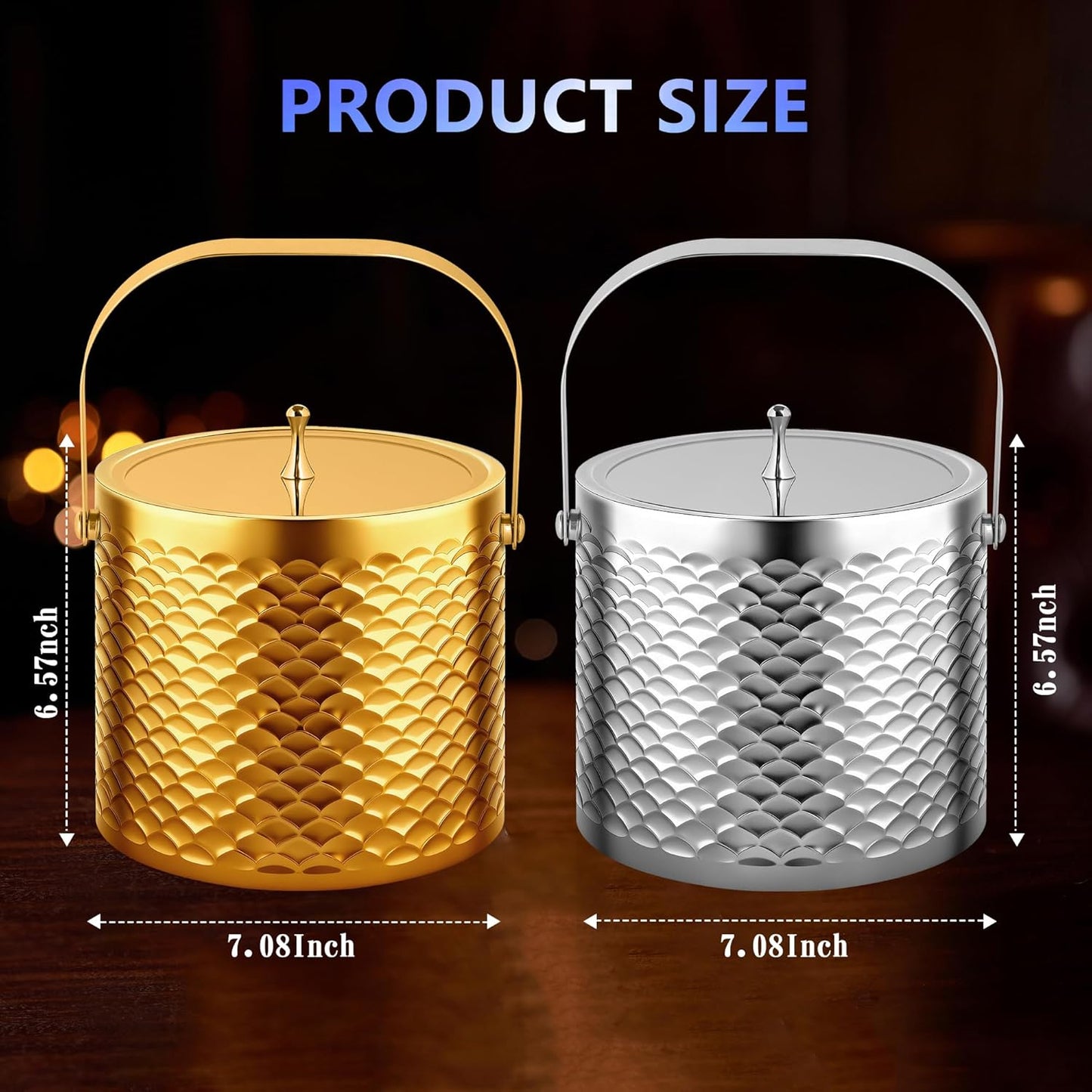 Ice Bucket, Ice Bucket with Silicone Sealing Ring Double-Wall Vacuum Insulation Champagne Buckets with Filter Layer Ice Tongs Ice Scoop (Gold, 3 L)