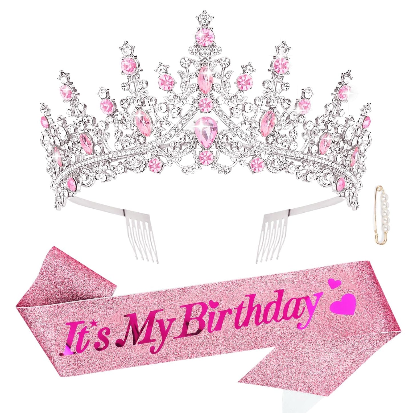 CURASA Birthday Tiara and Sash - Silver Birthday Crown for Women, Perfect for Parties and Celebrations