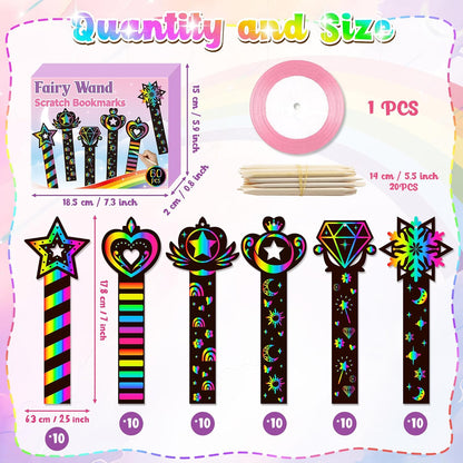 CY2SIDE 60PCS Princess Fairy Wand Scratch Bookmarks for Girls, Make Your Own Fairy Stick Scratch Paper Magic Wands Bookmark, DIY Princess Stick Rainbow Crafts Ornaments for Kids Birthday Party
