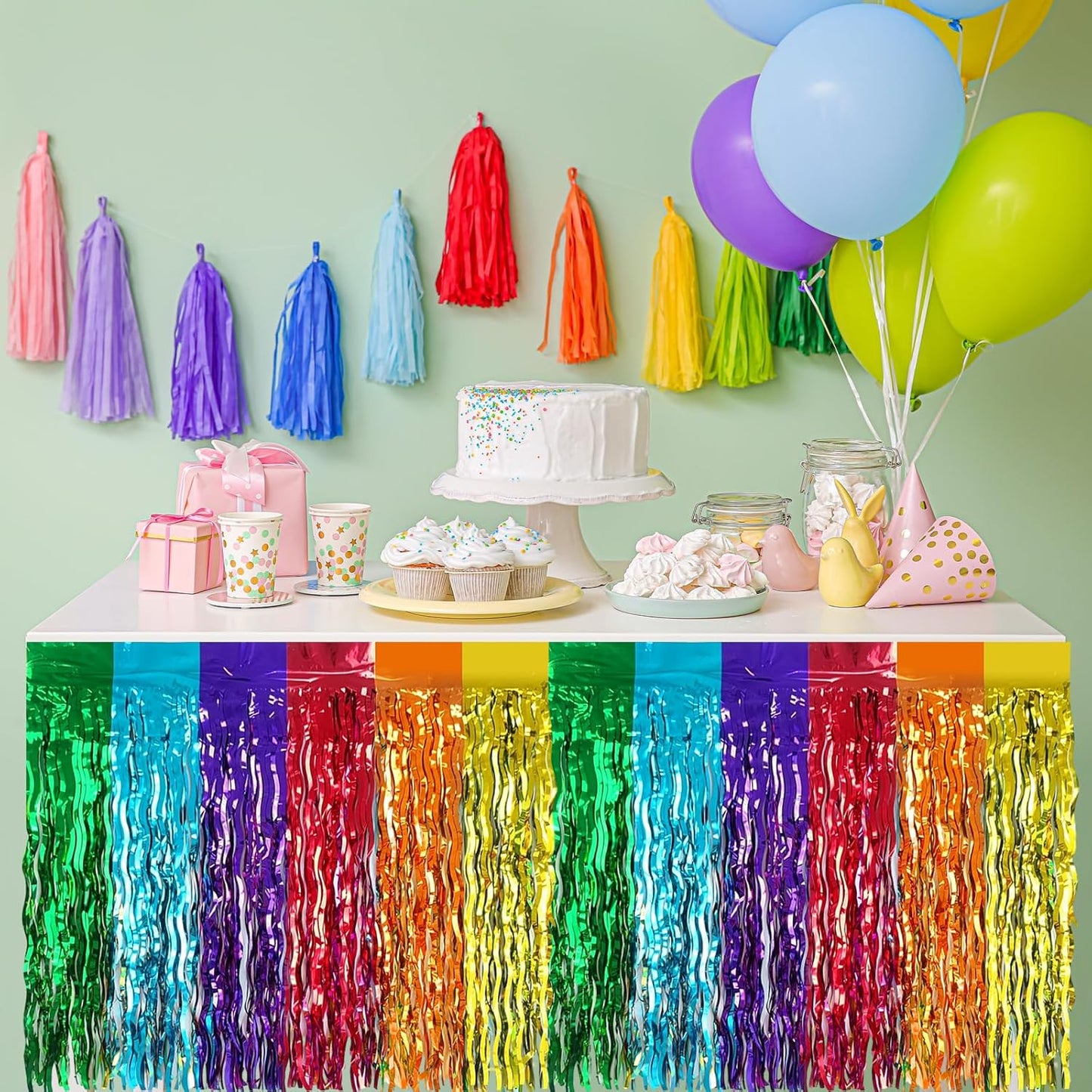 2 Pack 29.5x108 Inch Silver Foil Tinsel Fringe Table Skirts, Disposable Table Skirts for Rectangle Tables Curtains Backdrop Parade Wedding Floats Baby Shower Birthday Mardi Gras Party
