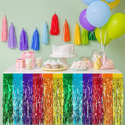 2 Pack 29.5x108 Inch Silver Foil Tinsel Fringe Table Skirts, Disposable Table Skirts for Rectangle Tables Curtains Backdrop Parade Wedding Floats Baby Shower Birthday Mardi Gras Party