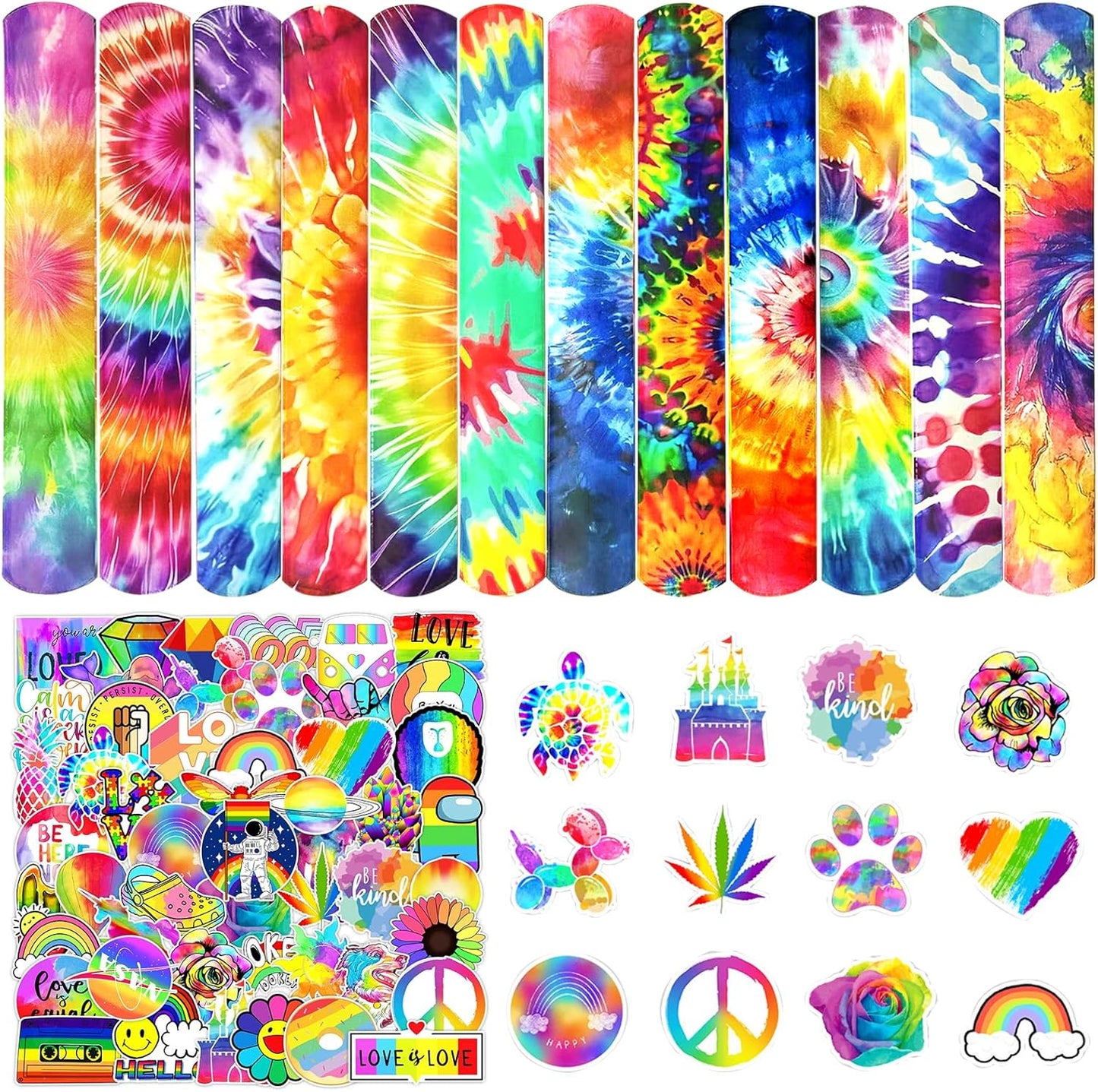 74PCS Tie Dye Party Favor 50PCS Groovy Party Stickers&24PCS Slap Bracelets Tie Dye Birthday Supplies Team Gift Filler