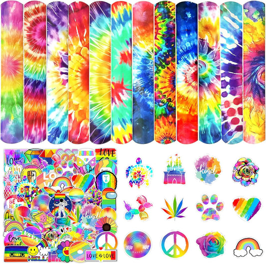74PCS Tie Dye Party Favor 50PCS Groovy Party Stickers&24PCS Slap Bracelets Tie Dye Birthday Supplies Team Gift Filler