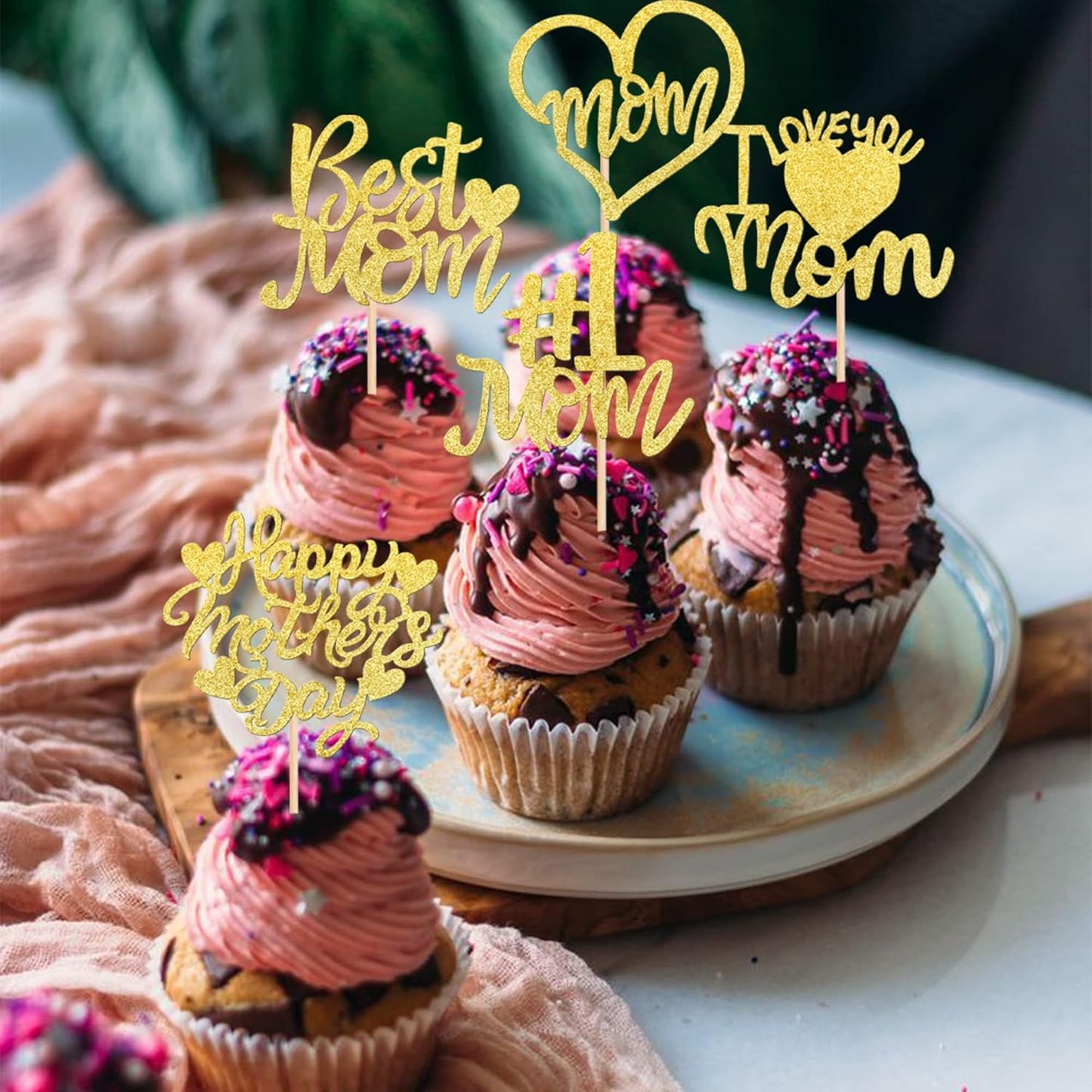24 PCS Happy Mother's Day Cupcake Toppers with Glitter Heart Love Mother Best Mom Cupcake Picks for Happy Mother's Day Theme Women Birthday Party Cake Decorations Supplies Rose Gold