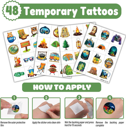 48 PCS Camping Party Favors 24PCS Tattoos Sticker 24PCS Slap Bracelets Wristbands Perfect for Camp Themed Birthday Baby Showers or Classroom Rewards Ideal Decor and Gifts for Girls Boys (Camping 2)