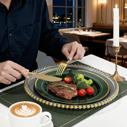 350 Pieces Black and Gold Plastic Plates with Disposable Silverware, Include 50 Dinner Plates 9”, 50 Dessert Plates 6.3”, 50 Black Cups 9 OZ, 50 Pre Rolled Napkins for Wedding Party Graduation
