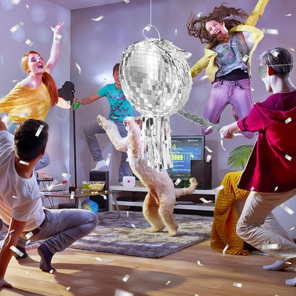 Disco Ball Pinata with Stick and Blindfold 80s 90s Theme Party Decorations Silver Mirror Disco Ball Pinata for Birthdays Weddings Roller Skating Party Supplies