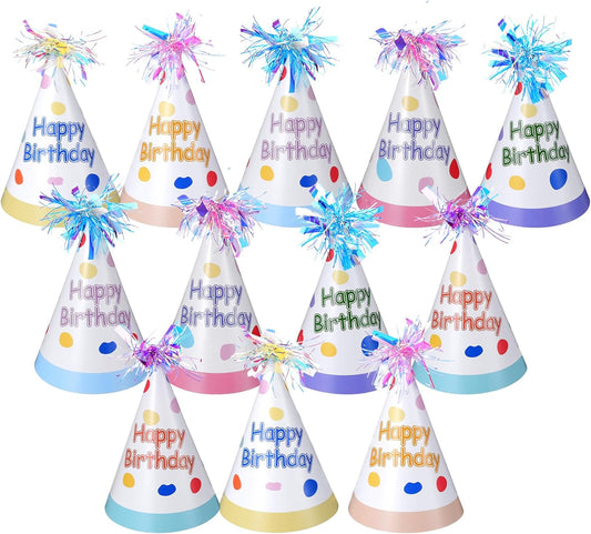 Larrel 12 Pcs Birthday Party Hats with Pom Poms, Colorful Birthday Hats for Kids Adults Cute Party Headwear Parties Supply for Birthdays Memorable Celebration DIY Photo Props