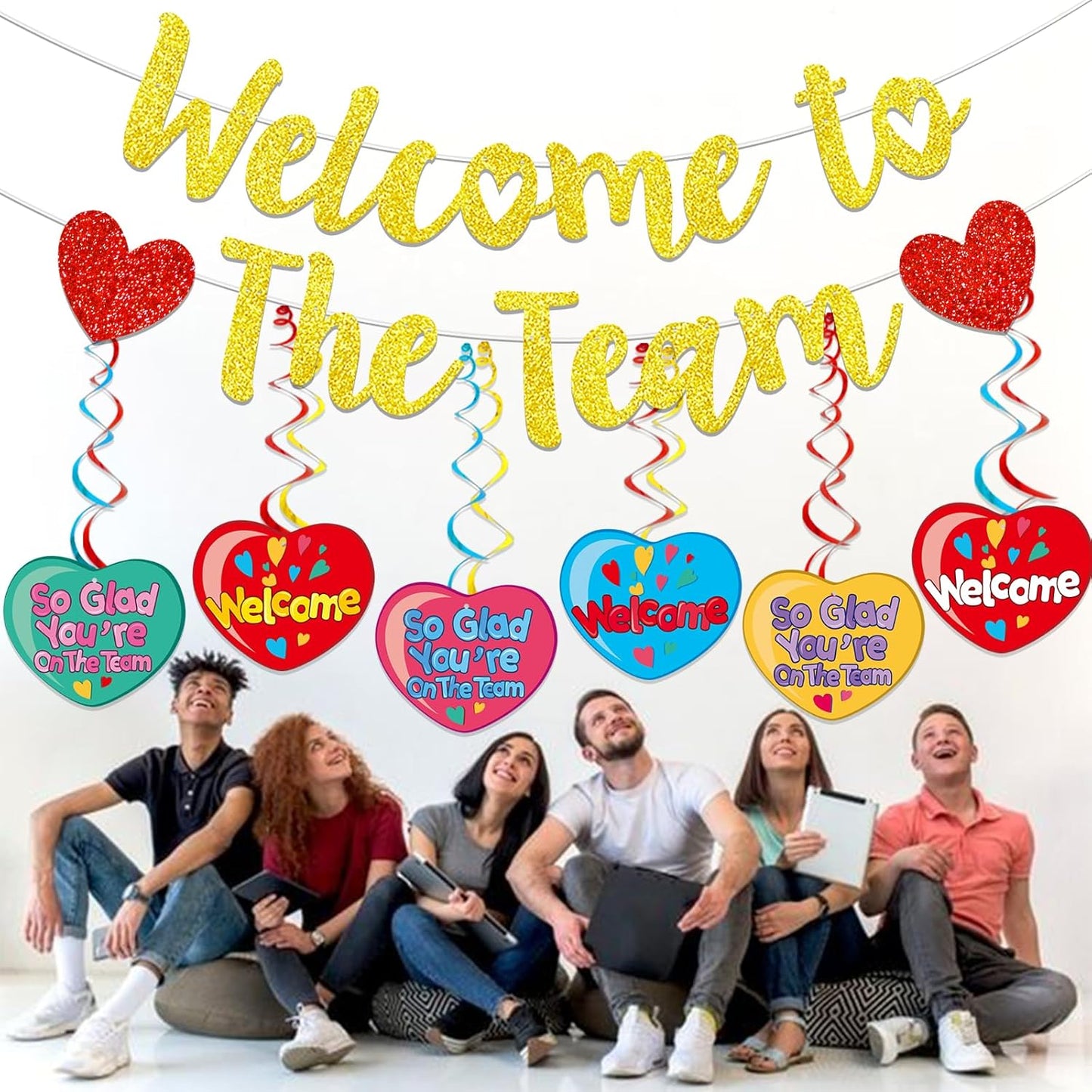 Gold Glitter Welcome To The Team Banner and Hanging Swirls, Welcome Banner, Welcome Sign, Welcome Decorations for New Employee Coworker Teacher Colleague Staff Team Member Office Party