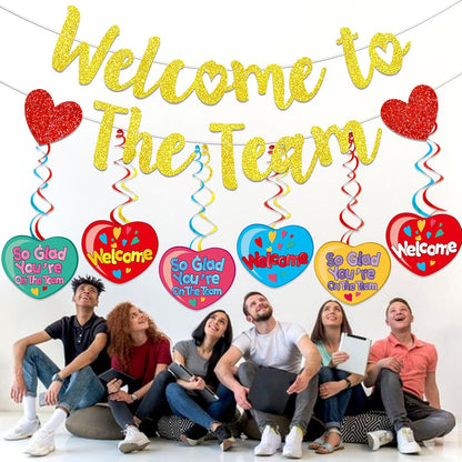 Gold Glitter Welcome To The Team Banner and Hanging Swirls, Welcome Banner, Welcome Sign, Welcome Decorations for New Employee Coworker Teacher Colleague Staff Team Member Office Party