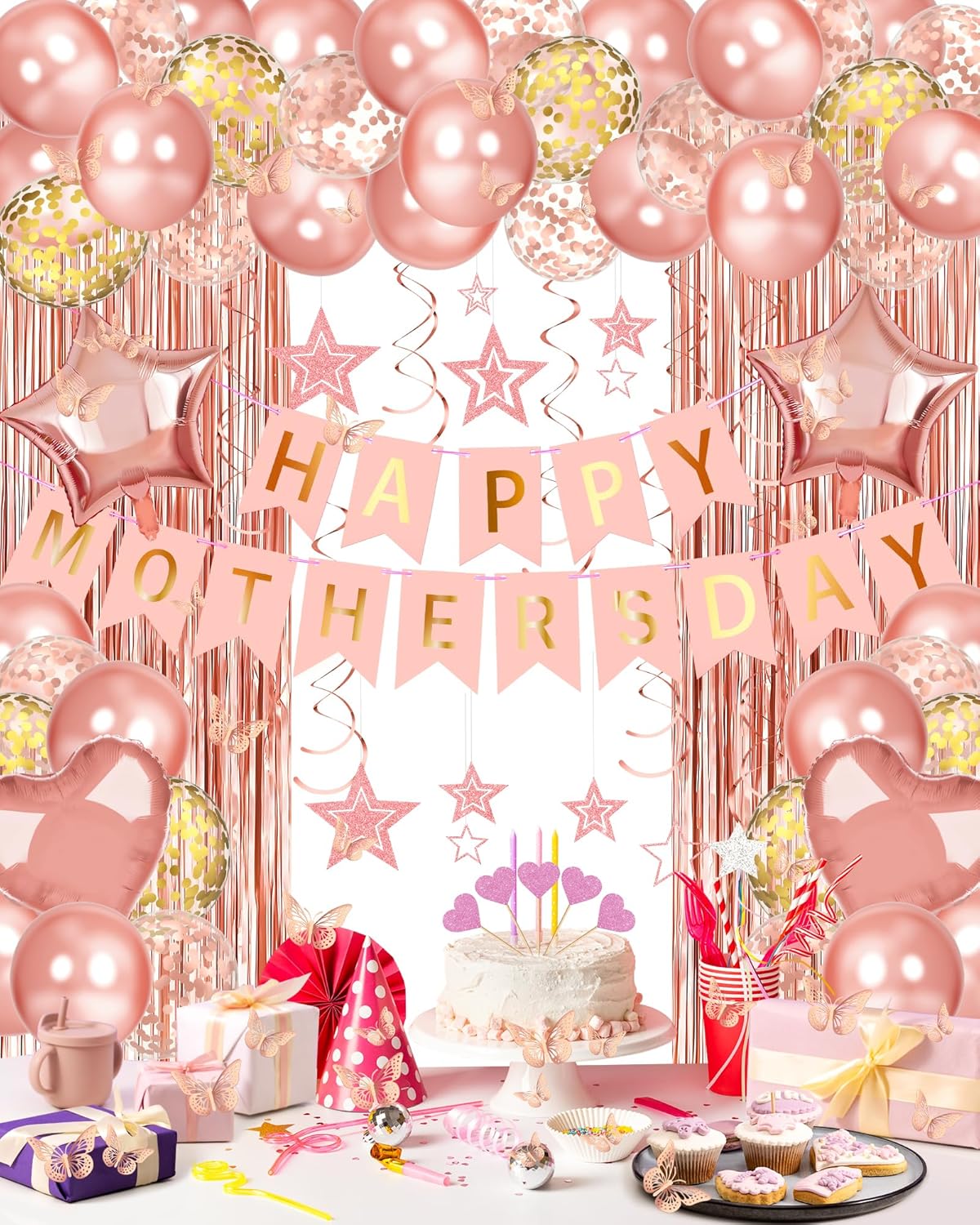 Lutoys Rose Gold Happy Birthday Party Decorations, Happy Birthday Banner, Rose Gold Foil Heart Star Confetti Balloons Curtain Backdrop Hanging Swirls Party Decor for Girls Women Princess