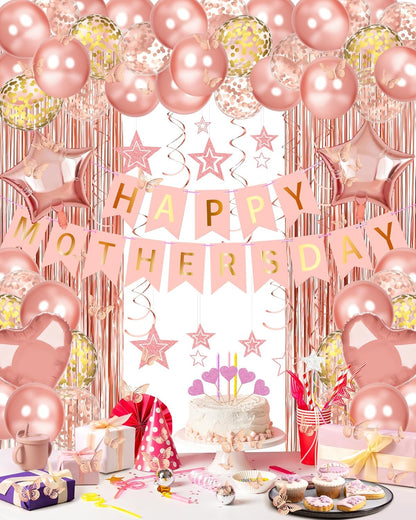 Lutoys Rose Gold Happy Birthday Party Decorations, Happy Birthday Banner, Rose Gold Foil Heart Star Confetti Balloons Curtain Backdrop Hanging Swirls Party Decor for Girls Women Princess