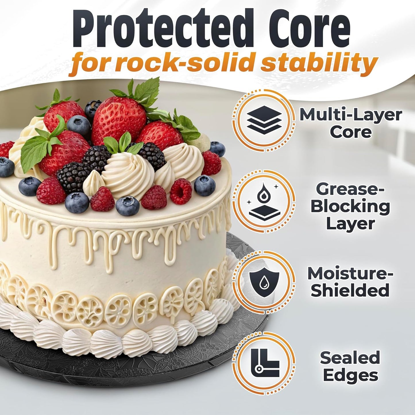 12 Inch Cake Drum, Black Cake Board for Picture-Ready Celebration Cakes, 1/2 Inch Thick Round Cardboard Base with Grease & Moisture Resistant Surface and Decorative Pattern for Parties and Weddings