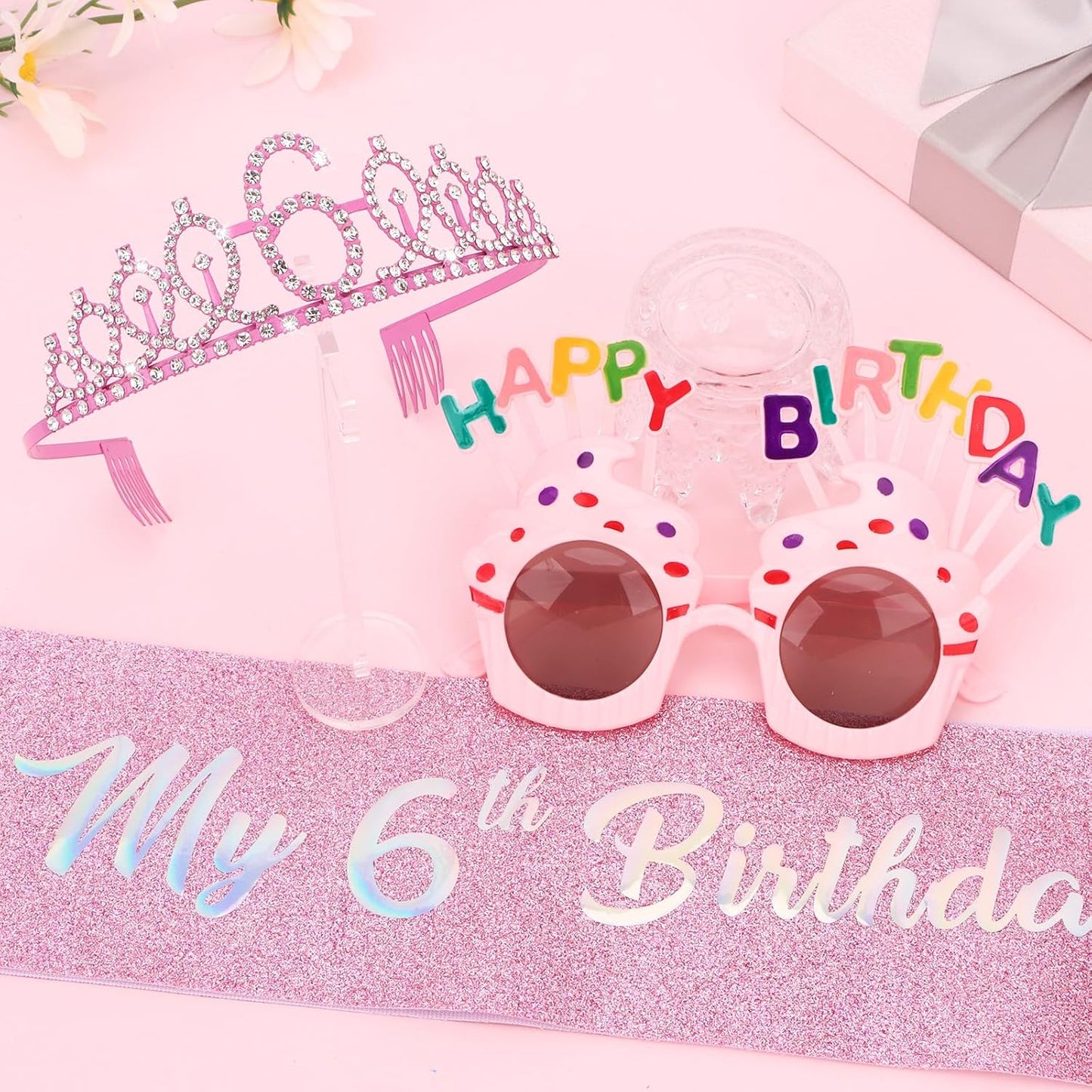 YARIEW 3rd Birthday Decorations, 3rd Glitter Purple Sash and Crown Kit with Happy Birthday Sunglasses, Tiara Princess Crown and Sash Party Outfit Accessory