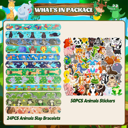 CZWXOXO 74Pcs Dinosaur Theme Party Favors Contain 24 Pcs Slap Bracelets 50Pcs Stickers, Dino Theme Birthday Party Decorations,Classroom Rewards Supplies.