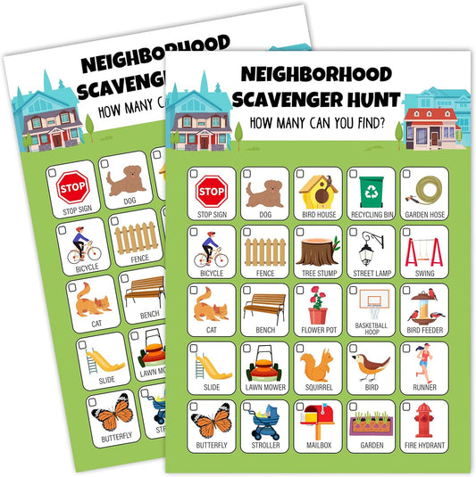 Neighborhood Scavenger Treasure Hunt Games for Family Friend, Outdoor Scavenger Hunts Game Card Set, Find and Seek Street Garden Yard Park Games, Holiday Party Supplies Favors, 25 Game Cards, c02