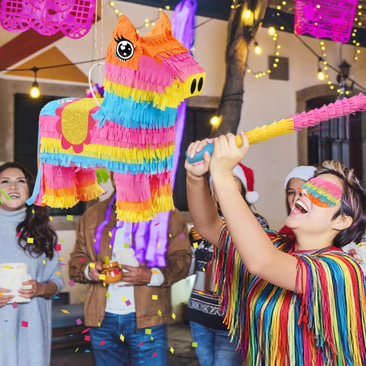 Hooqict Mexican Pinata with Blindfold and Bat Stick Party Pinata for Fiesta Carnival Cinco de Mayo Decorations Kids Adults Mexican Party Games Birthday Party Supplies
