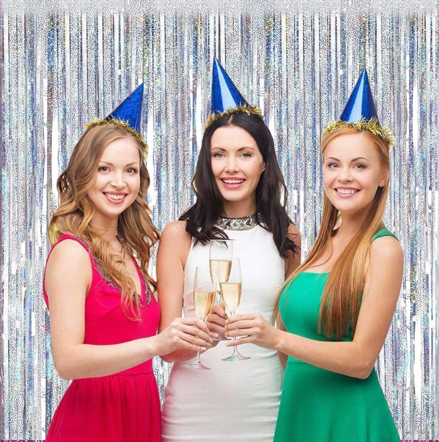 FECEDY 2pcs 3ft x 8.3ft Shiny Corlorful Metallic Tinsel Foil Fringe Curtains Photo Booth Props for Engagement Bridal Shower Bachelorette Baby Shower Bachelorette Holiday Celebration Party Decorations