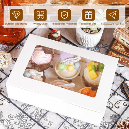 NPLUX 15 Pack Cupcake Boxes with Inserts 6 Holders, White Standard Bakery Boxes with Window Food Grade Cupcake Containers 6 Count for Muffins