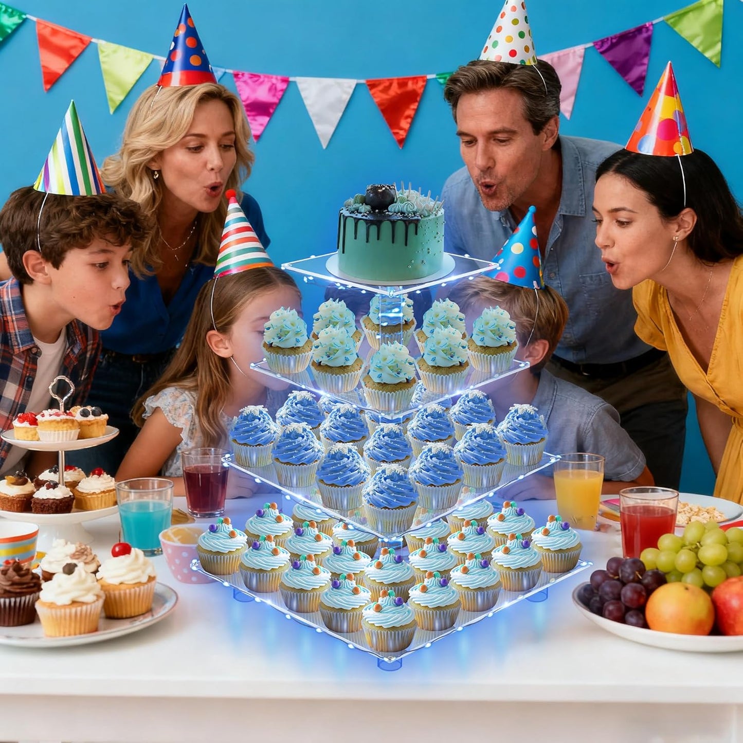 YestBuy Cupcake Stand with Yellow Led Lights, 4 Tier Cupcake Stand for 50 Cupcakes, Acrylic Cupcake Tower Stand, Clear Tiered Cupcake Holder for Birthday Cady Bar Décor Weddings, Parties Events