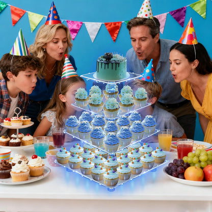 YestBuy Cupcake Stand with Yellow Led Lights, 4 Tier Cupcake Stand for 50 Cupcakes, Acrylic Cupcake Tower Stand, Clear Tiered Cupcake Holder for Birthday Cady Bar Décor Weddings, Parties Events