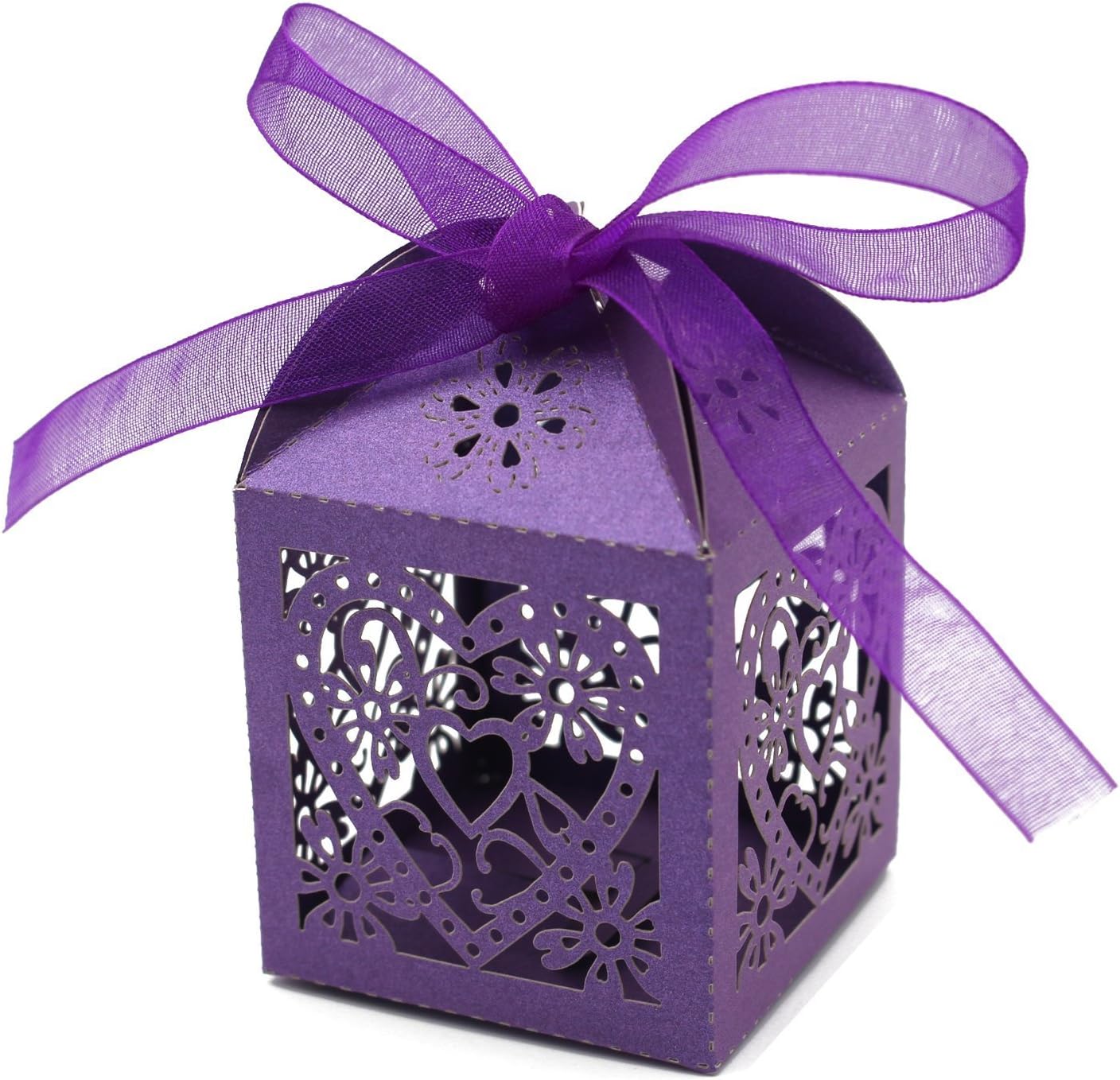 KPOSIYA 100 Pack Love Heart Laser Cut Wedding Party Favor Box Candy Bag Chocolate Gift Boxes Bridal Birthday Shower Bomboniere with Ribbons