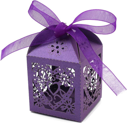 KPOSIYA 100 Pack Love Heart Laser Cut Wedding Party Favor Box Candy Bag Chocolate Gift Boxes Bridal Birthday Shower Bomboniere with Ribbons