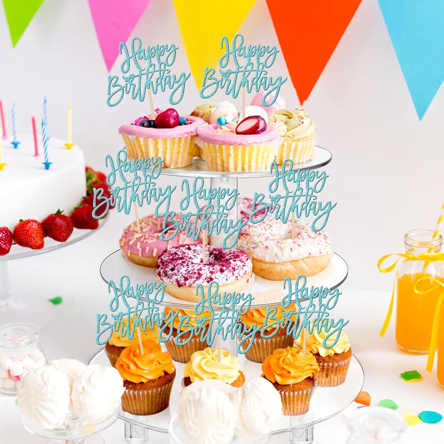 24 PCS Happy Birthday Cupcake Toppers Glitter Picks for Celebrating Anniversary Theme Party Cake Decorations Supplies Gold