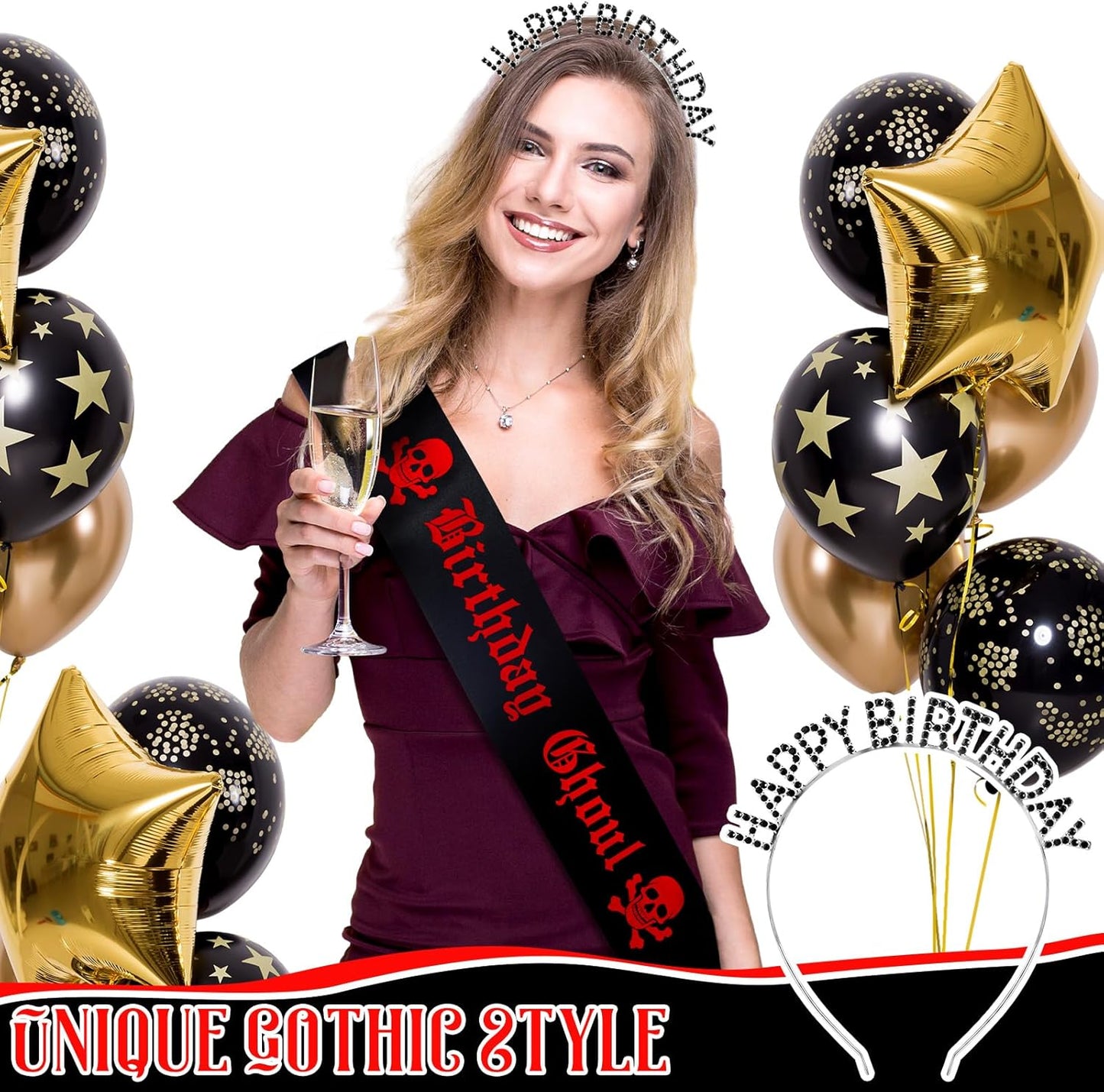 Zeyune 2 Pcs Goth Birthday Decorations Black Gothic Birthday Ghoul Sash with Headband for Girl Women Gothic Spooky Gifts Emo Horror Vampire Party Decorations(Silver,Skull)