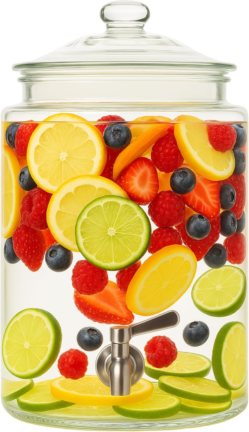 Large Glass Drink Dispenser with Spout – 1.5 Gallon Tall Mason Jar Style Beverage Server with Airtight Lid & Metal Spigot for Water, Tea, Juice, Punch, or Cocktails