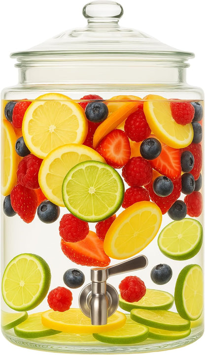 Large Glass Drink Dispenser with Spout – 1.5 Gallon Tall Mason Jar Style Beverage Server with Airtight Lid & Metal Spigot for Water, Tea, Juice, Punch, or Cocktails