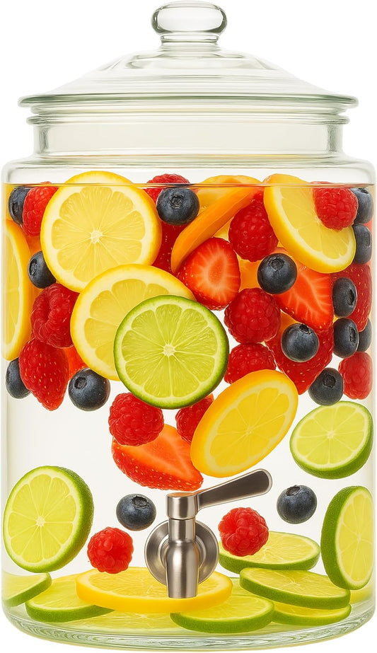 Large Glass Drink Dispenser with Spout – 1.5 Gallon Tall Mason Jar Style Beverage Server with Airtight Lid & Metal Spigot for Water, Tea, Juice, Punch, or Cocktails