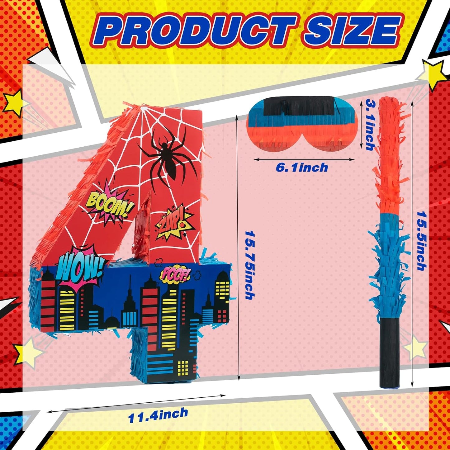 Number 4 Spider Pinata Bundle with 16 Inch Piñata Stick Blindfold Confetti for Hero Birthday Party Decoration Anniversary Celebration Gift Spider Party Favors for Kids, 16 x 11.6 x 2.4 Inch
