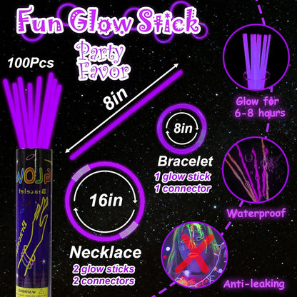 100 pk 8" Glow Sticks Bulk Party Favors, Light up Glow Necklaces & Bracelets in the Dark Party Supplies For Christmas Halloween 4th of July Birthday Neon Party (100 * Blue)