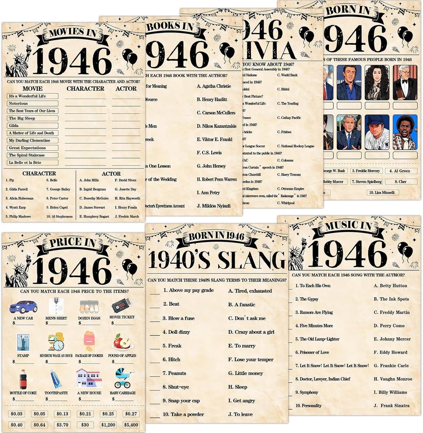 70Pcs 70th Birthday Party Games Born In 1956 Fun 1956 Trivia Music Slang Books Game Double-Sided Game Cards Vintage 70th Birthday Party Supplies for 70 Year Old Activity Anniversary Class Reunion