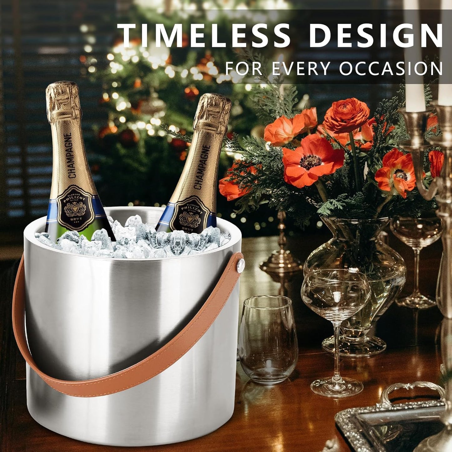 Bakpoco Double-Wall Vacuum Insulated Ice Bucket with Lid, Scoop, Ice Tong, Strainer & Leather Handle Keep Ice Frozen Longer Large Wine Ice Buckets for Cocktail Bar,Parties Chilling Beer Champagne 3L