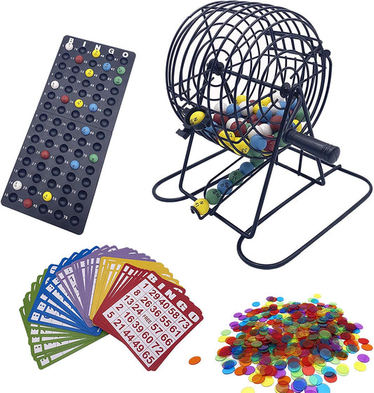 JUNWRROW Deluxe Bingo Game Set-6 Inch Metal Cage, Master Board,75 Colored Balls, 50 Bingo Cards,500 6 Color Mix Chips and 2 Bags,Ideal for Large Groups