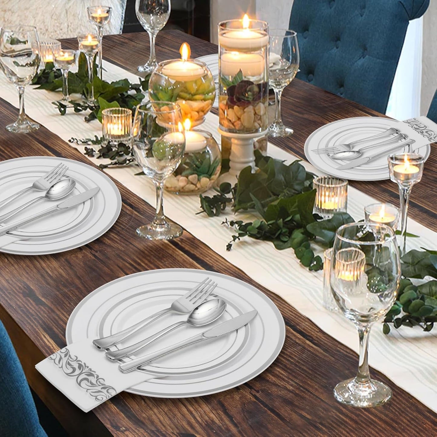 Goodluck 350 Pieces Gold Dinnerware Set for 50 Guests, Plastic Plates Disposable for Party, Include: 50 Gold Rim Dinner Plates, 50 Dessert Plates, 50 Paper Napkins, 50 Cups, 50 Gold Silverware Set