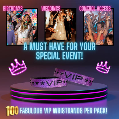 100 Pack Glitter Gold VIP Party Wristbands with Secure Locking Clip. Must Have Adjustable Sparkle VIP Wrist Bands for Events, Parties, Weddings and Festivals
